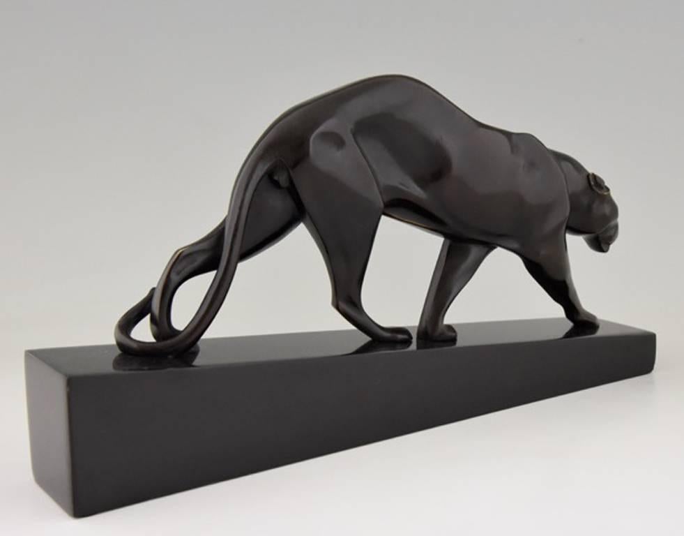 Patinated French Art Deco Bronze Panther Maurice Prost, Susse Freres, 1925, L.14.6 inch. 