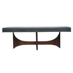 Sculptural Mid-Century Walnut Bench in Blue Mohair