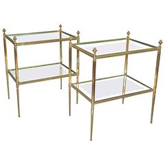 Pair of French Jansen Style Brass Side or End Tables Mirrored Glass Tops