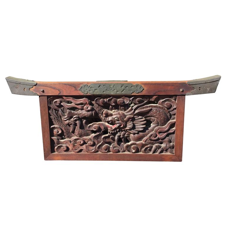 Japan Pair Antique HandCarved Dragon and Tiger Temple Carving Garden