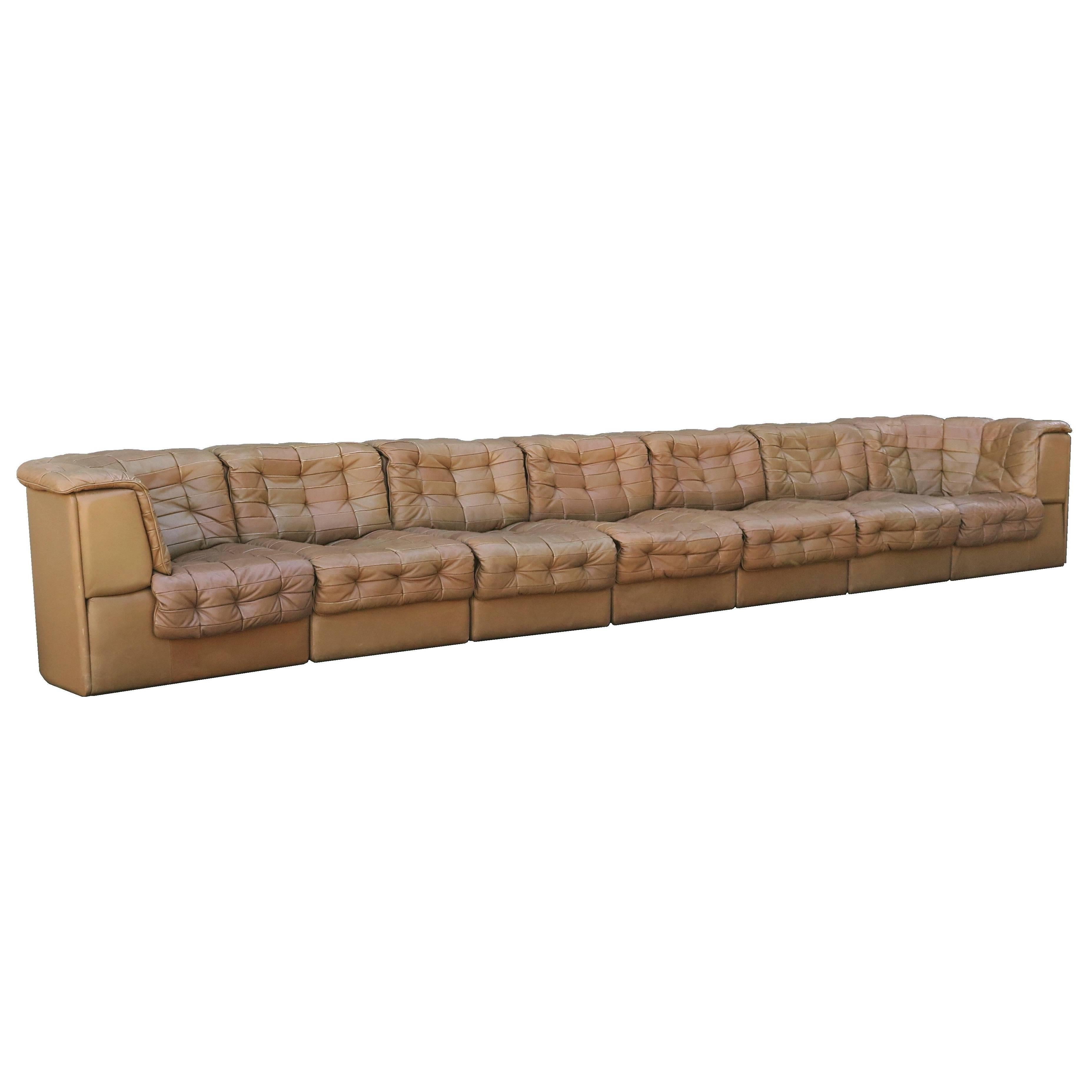 De Sede Light Brown Leather Modular Sofa, 7 Seats + 2 Ottoman For Sale