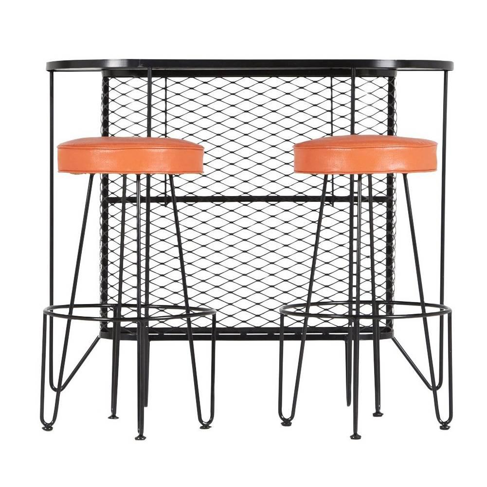 Frederick Weinberg, Restored Three-Piece Wrought Iron Bar and Stools, 1950s