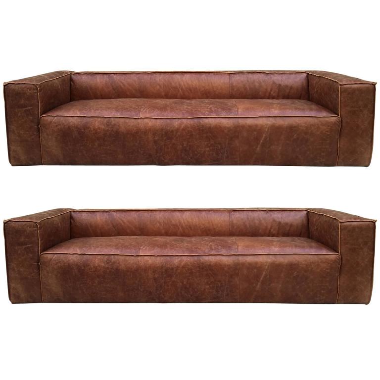 Pair Of Contemporary Distressed Leather Sofas For At 1stdibs Pair Of Contemporary Distressed Leather Sofas For