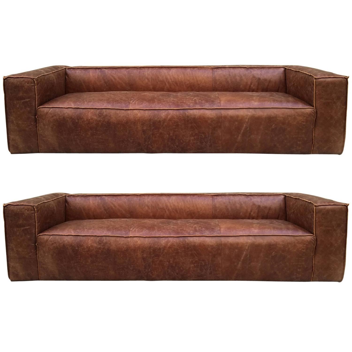 Pair 9 ft Italian Distressed Leather Sofas For Sale at 1stdibs