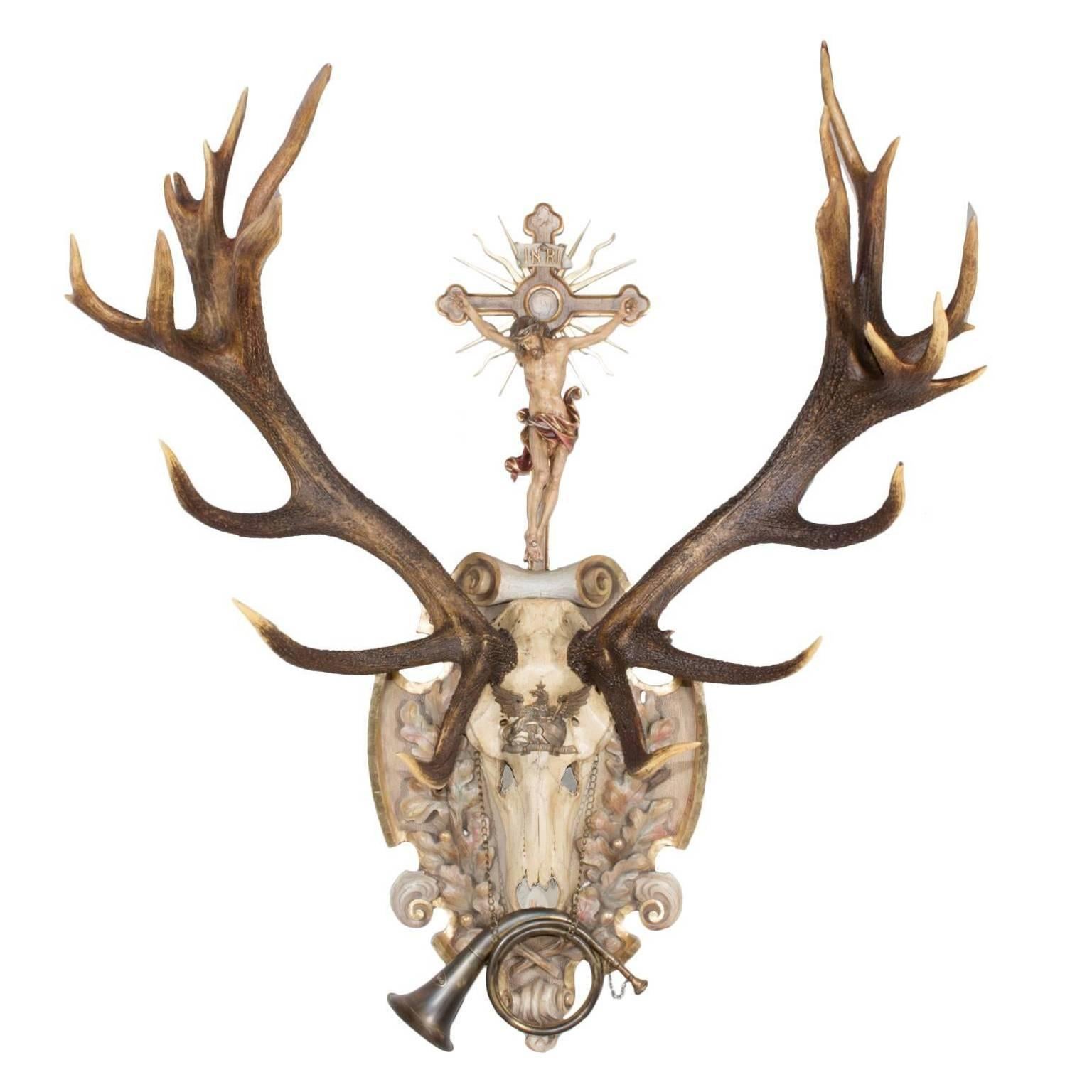19th Century St. Hubertus Red Stag Hunt Trophy with Hunt Horn & Crucifix