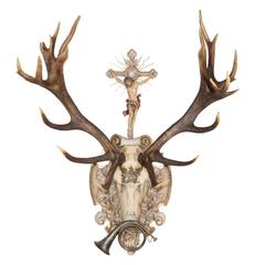 19th Century St. Hubertus Red Stag Hunt Trophy with Hunt Horn & Crucifix