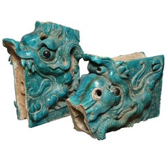 Pair of Ming Turquoise Glazed Ceramic Dragons from the 15th or 16th Century