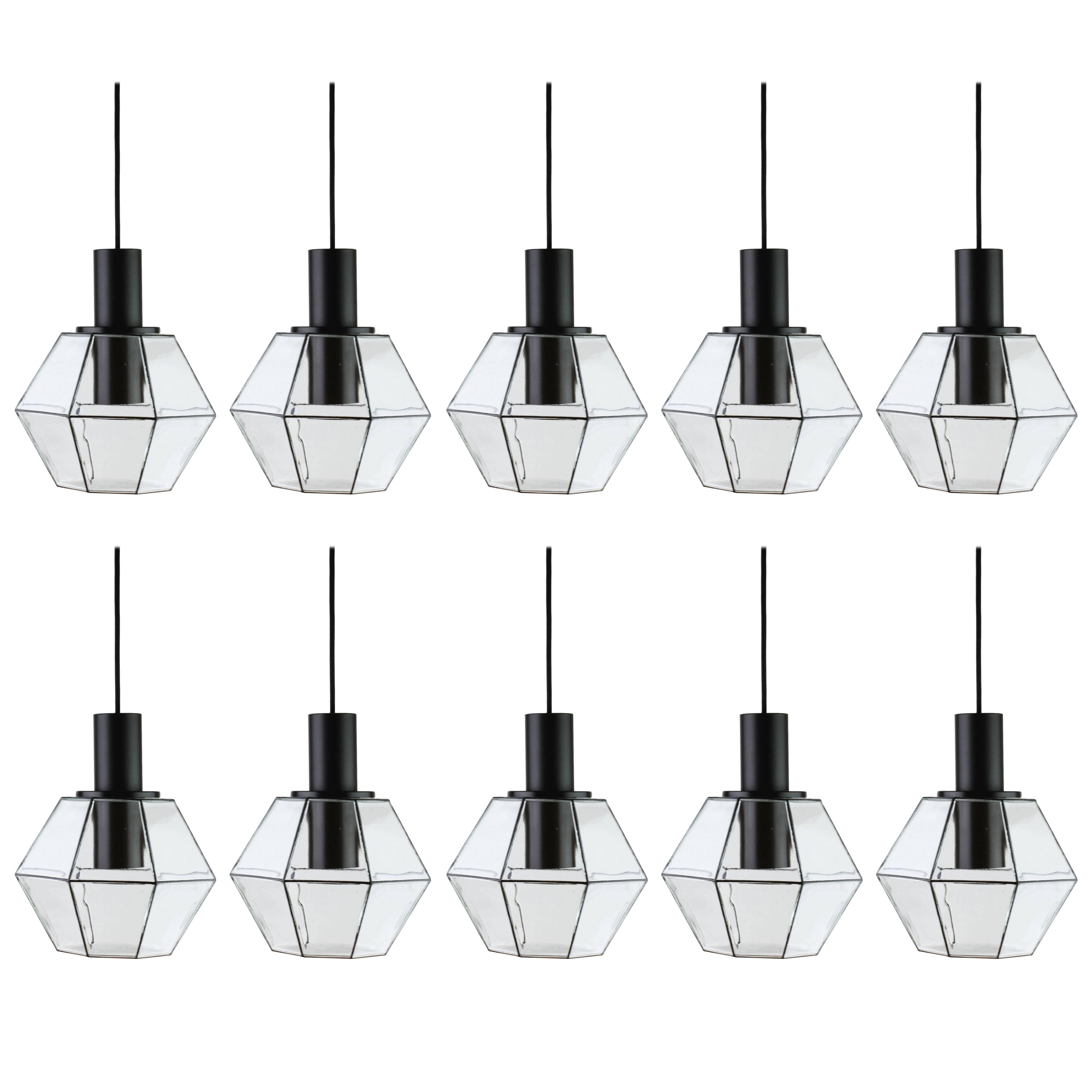 Ten Minimalist Geometric Black & Clear Glass Pendant Lights by Limburg 1970s
