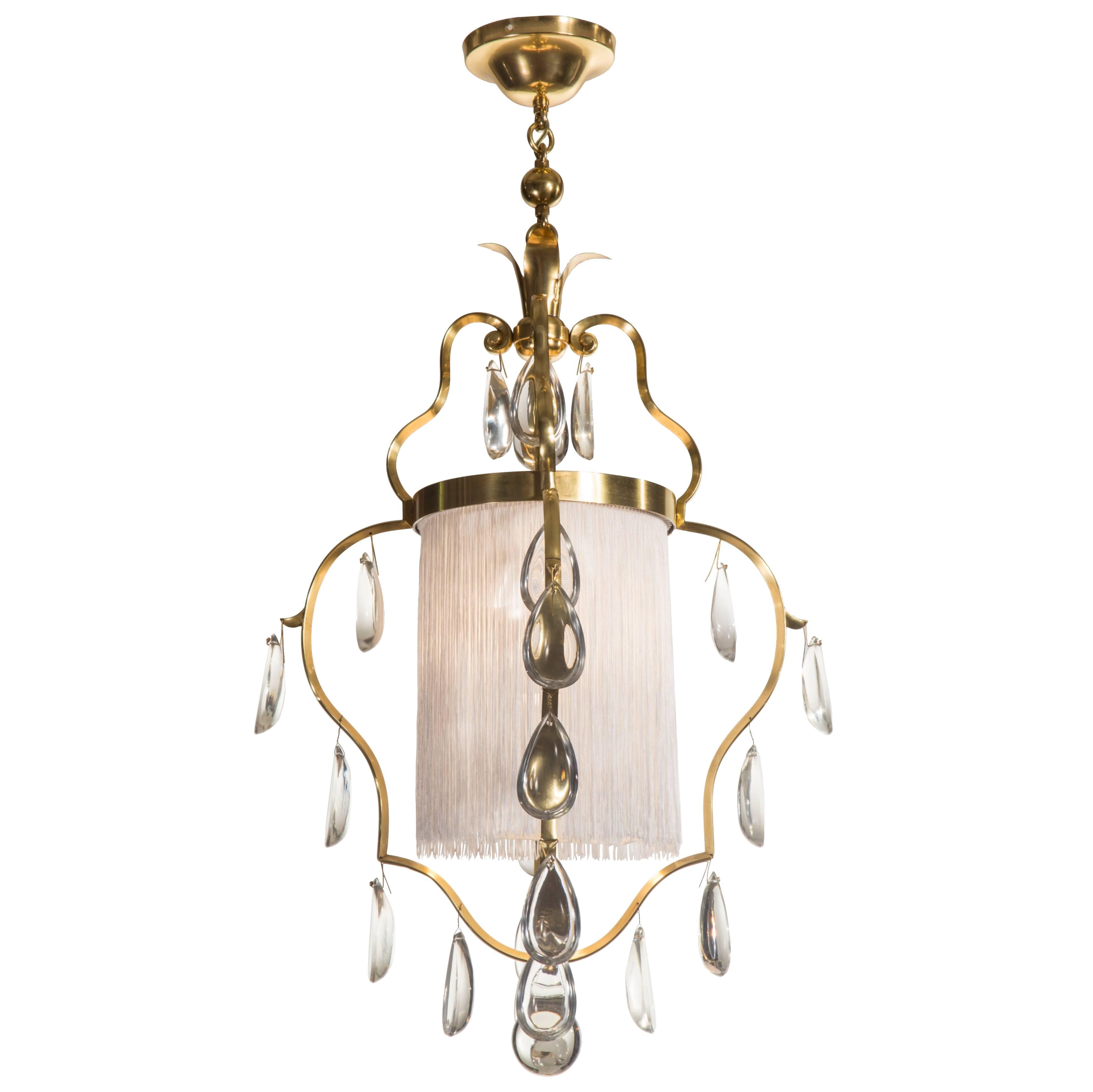Elis Bergh for C.G. Hallberg, Swedish Brass, Silk and Glass Chandelier / Lantern For Sale