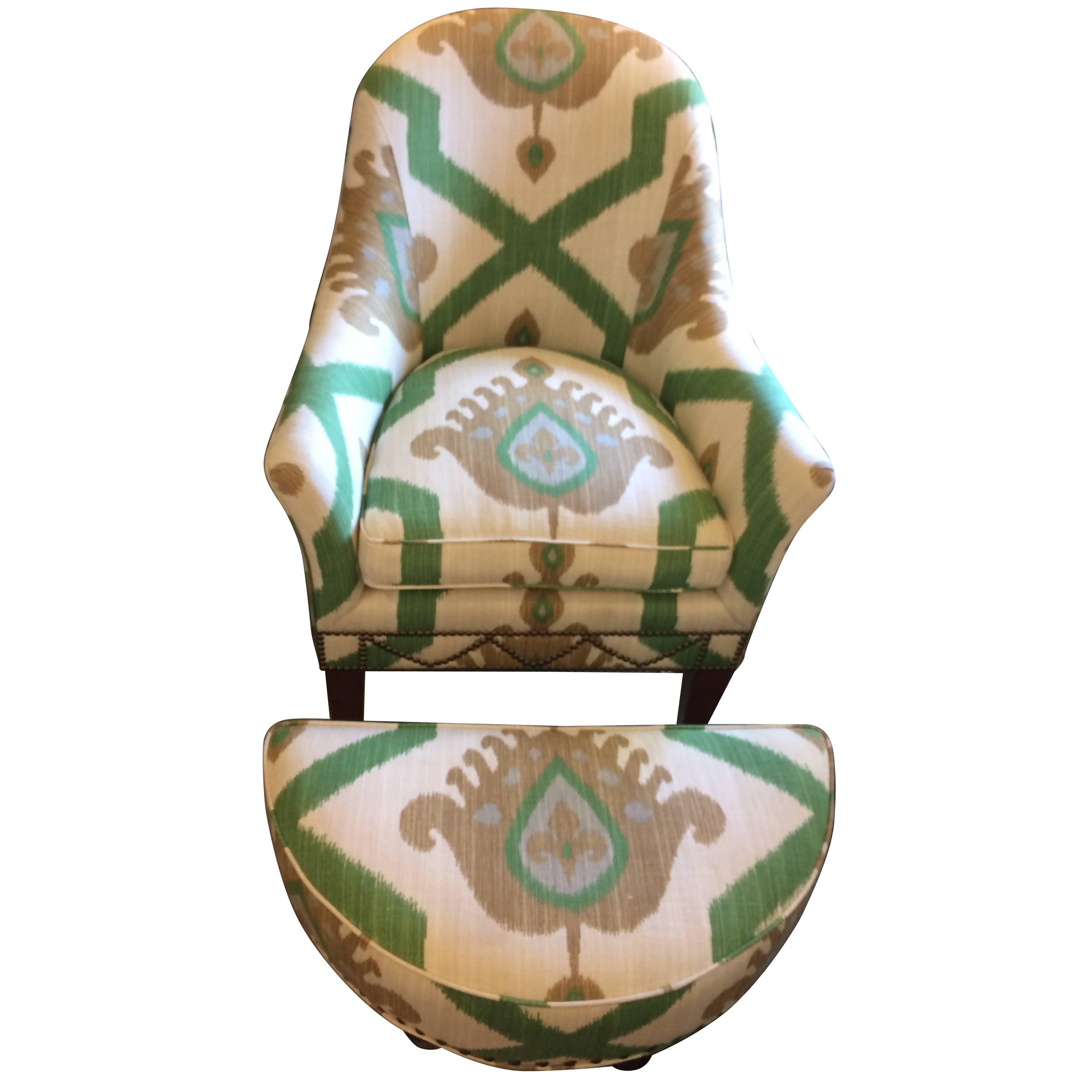 Striking Vintage Ikat Upholstered Club Chair and Crescent Shaped Ottoman