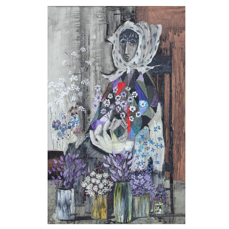 Large Mid Century Modern Oil Painting For Sale at 1stDibs