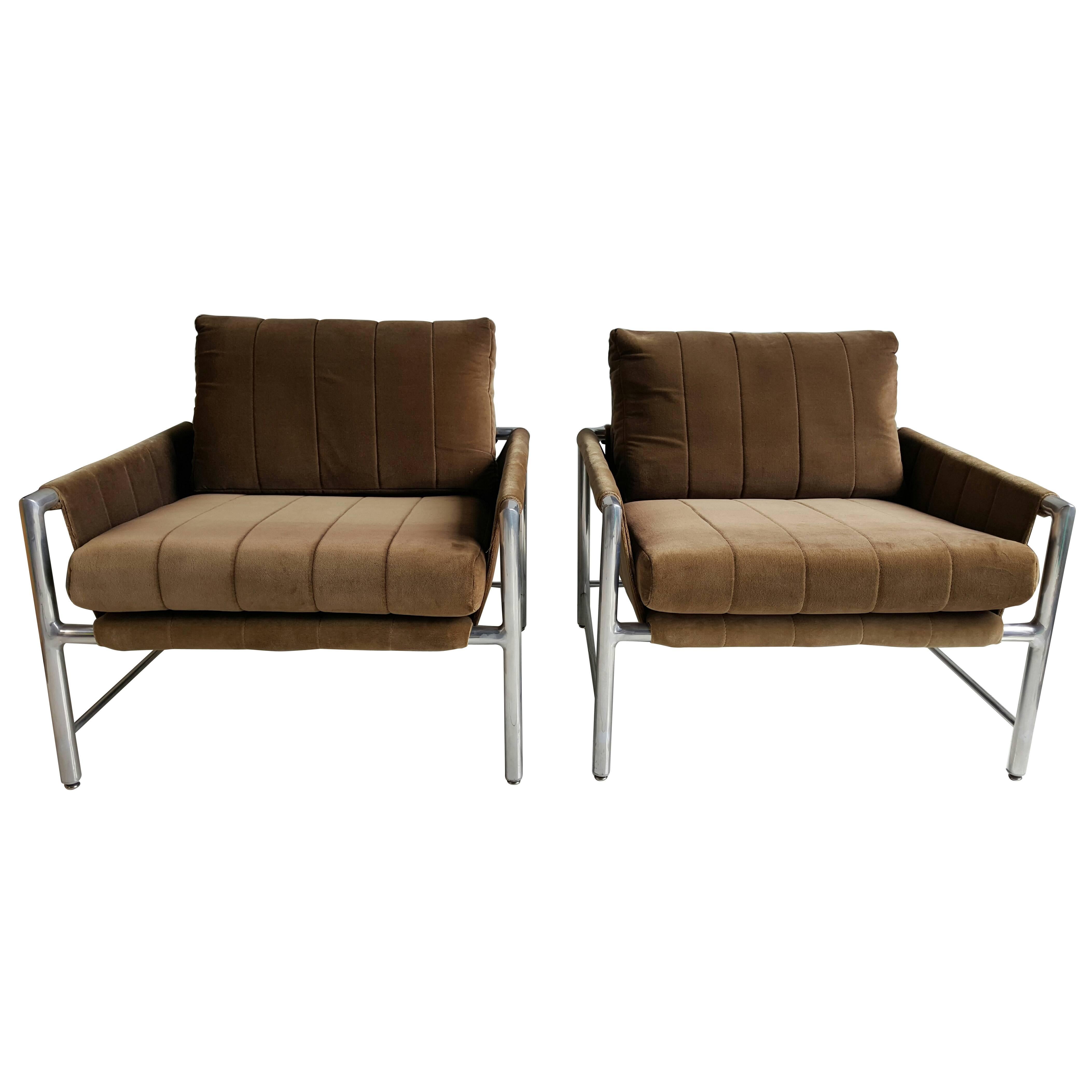 Pair of Extruded Aluminum and Velvet Sling Lounge Chairs by Founders