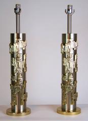 Rare Pair of Mid-Century Stainless Steel and Brass Lamps