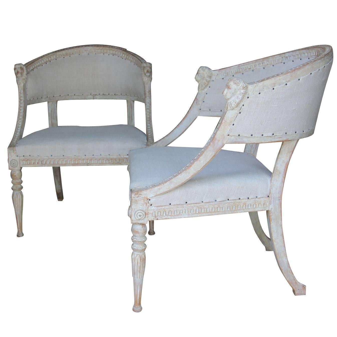 Pair Swedish Gustavian Original Paint Barrel Back Armchairs with Lions' Heads