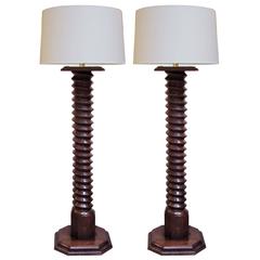 Antique Boldly-Scaled Pr of French Hand-Carved Walnut Wine Press Screws Now Floor Lamps