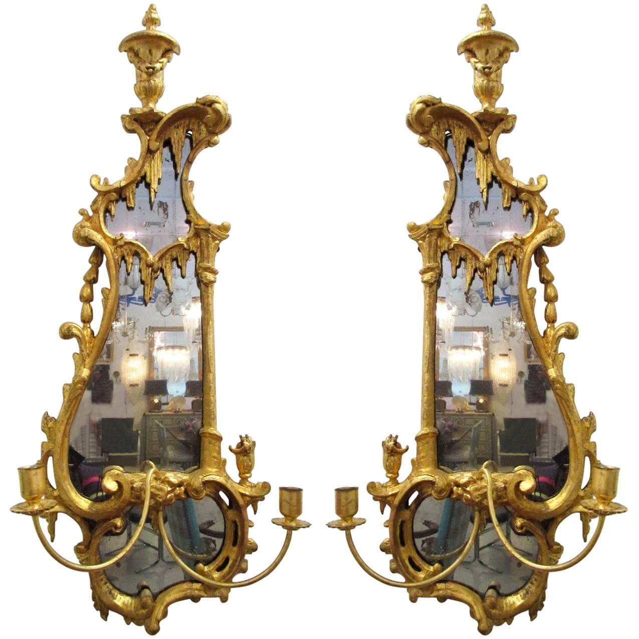 Pair of 18th Century English Giltwood Mirrors with Candleholders