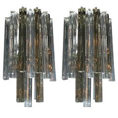 Pair of Mid-Century Crystal Sconces in Smoked and Clear Murano Triedre Prisms