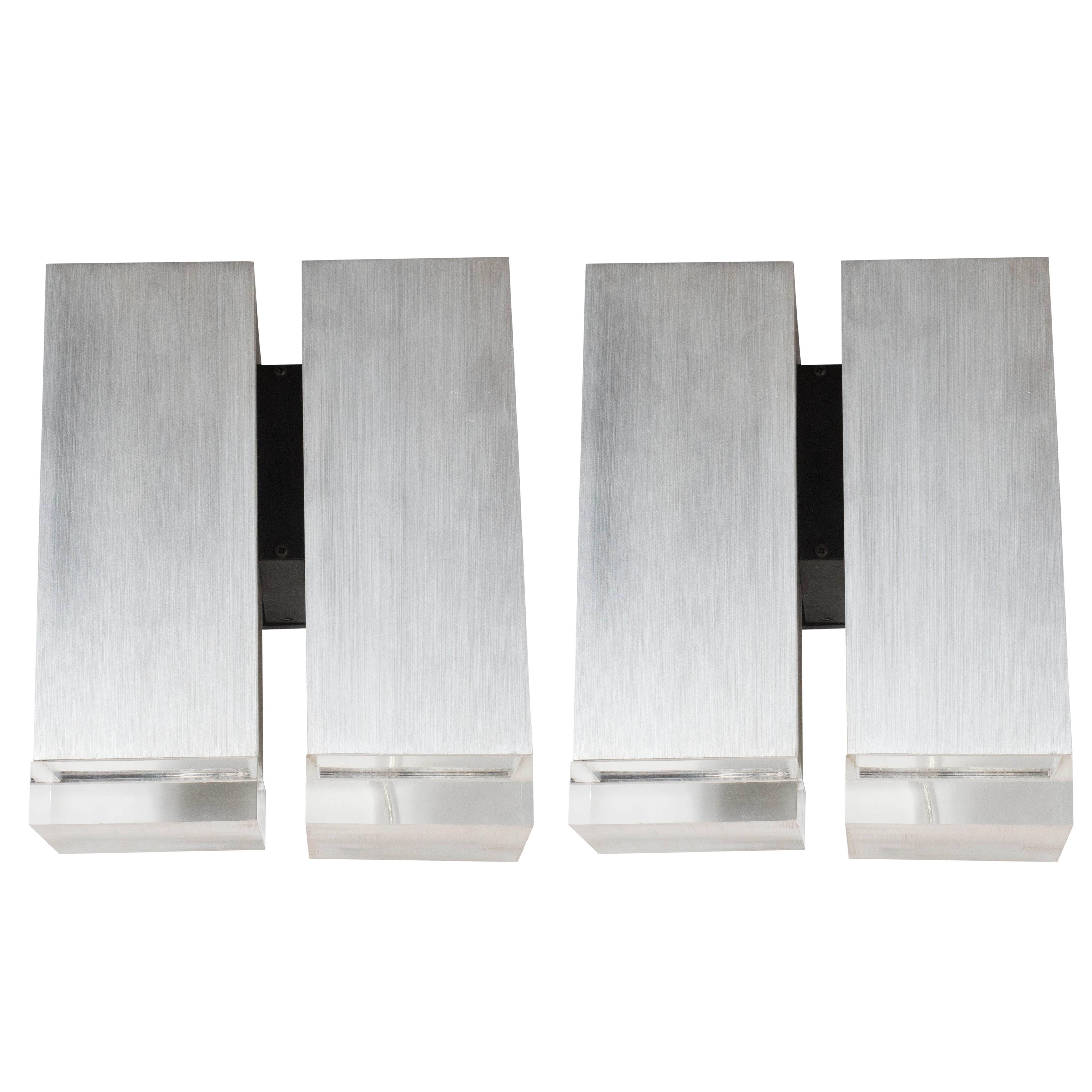 Pair of Mid-Century Brushed Aluminum Down-Light Sconce with Lucite Detailing For Sale