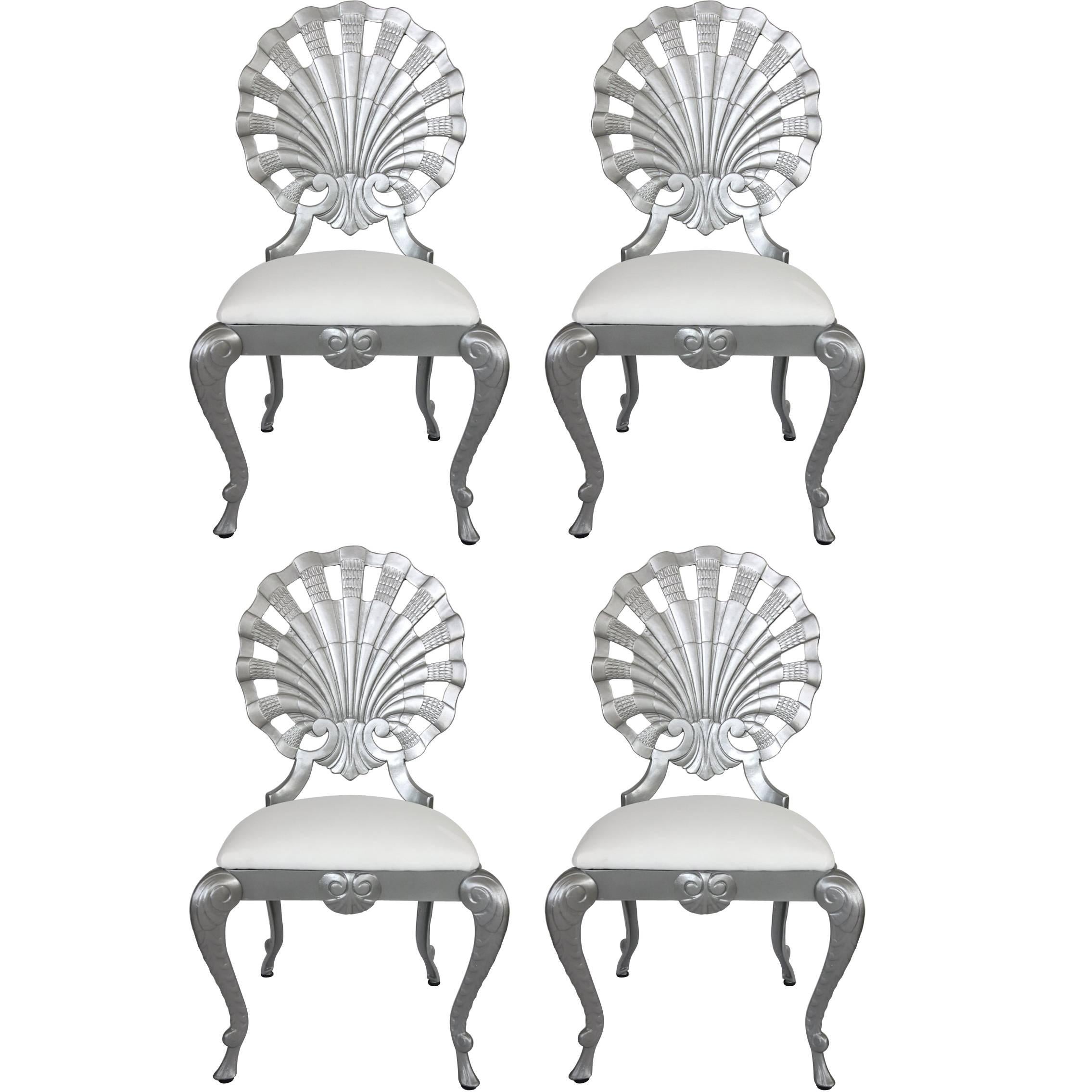 Set of Four Hollywood Regency Style Grotto Side Chairs in Silver