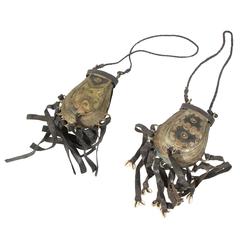 Antique Pair of African Metal and Leather Talismans Medicine Bags