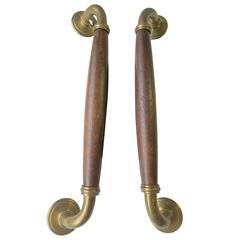 Pair of English Brass and Dark Oak Full Size Door Pulls/Handles