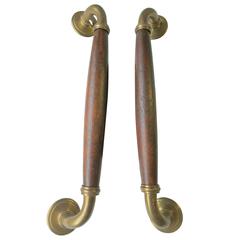 Antique Pair of English Brass and Dark Oak Full Size Door Pulls/Handles
