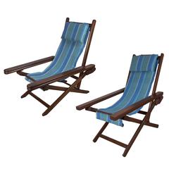 Vintage Pair of British Campaign Folding and Adjustable Chairs with Extendable Leg Rests