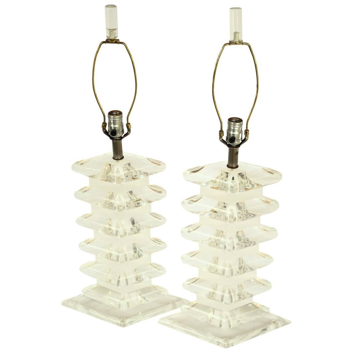 Pair of Lucite Diamond Lamps For Sale