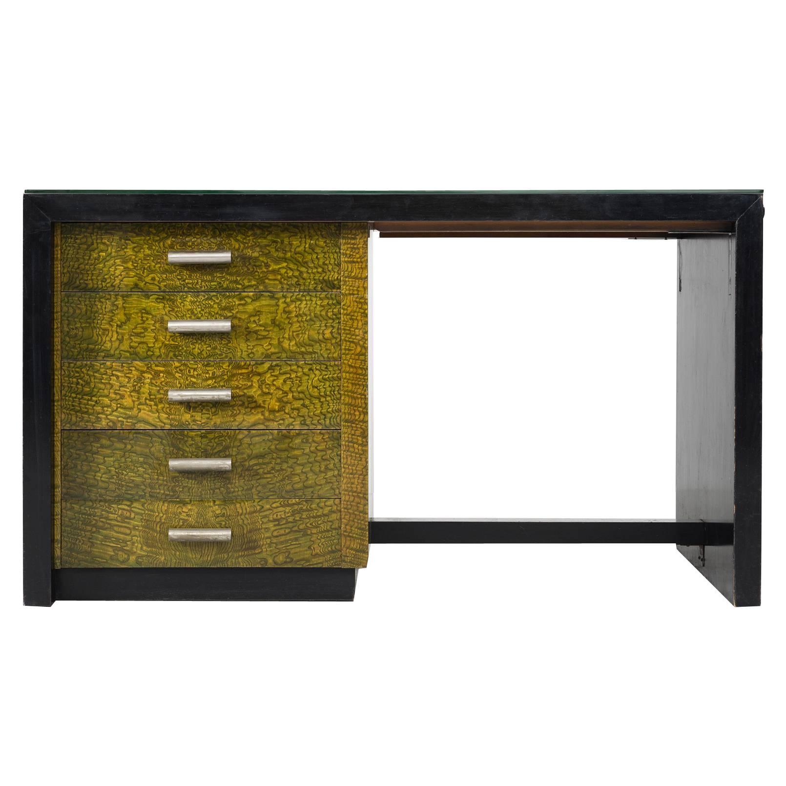 Late Art Deco Desk in Black and Green Wood with Glass Top