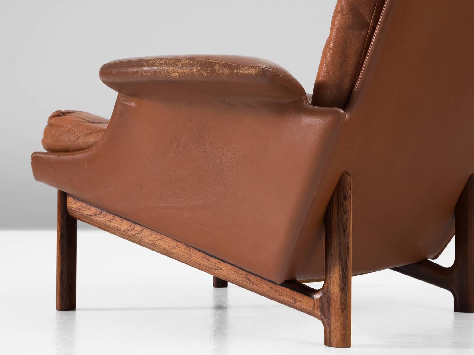 Ib Kofod-Larsen Rare Lounge Chair and Ottoman in Cognac Leather In Good Condition In Waalwijk, NL