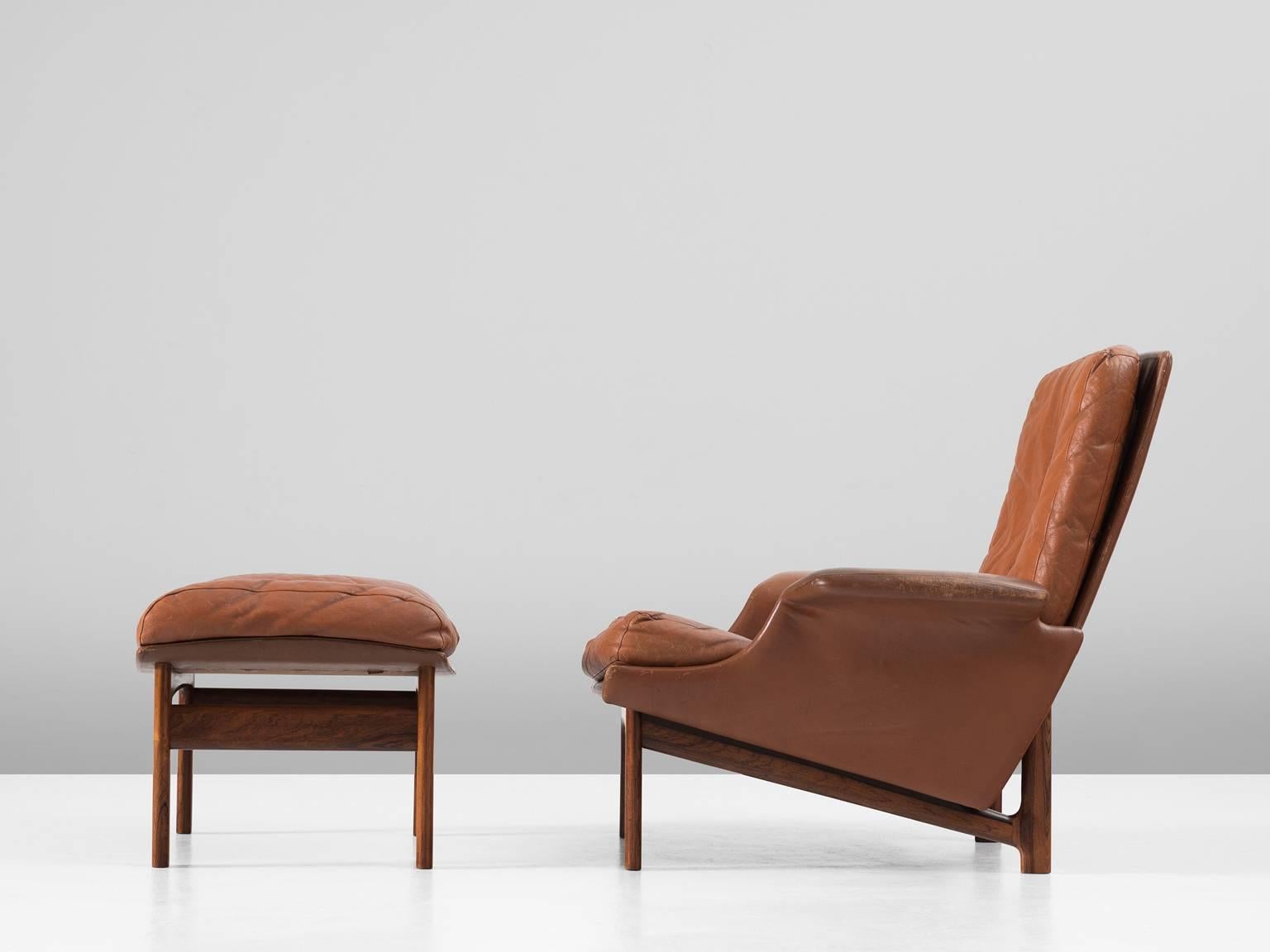 Mid-Century Modern Ib Kofod-Larsen Rare Lounge Chair and Ottoman in Cognac Leather