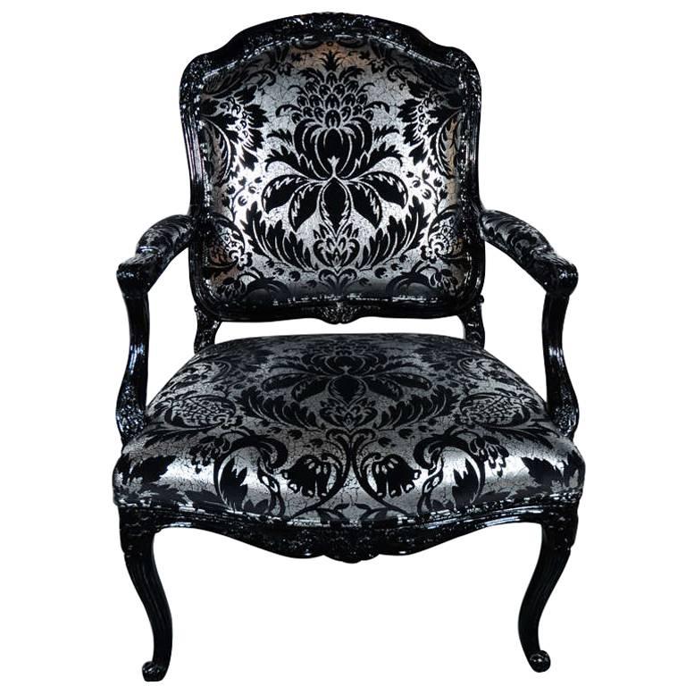 Hollywood Regency Bergere Chair in Embossed Velvet & Black Lacquer