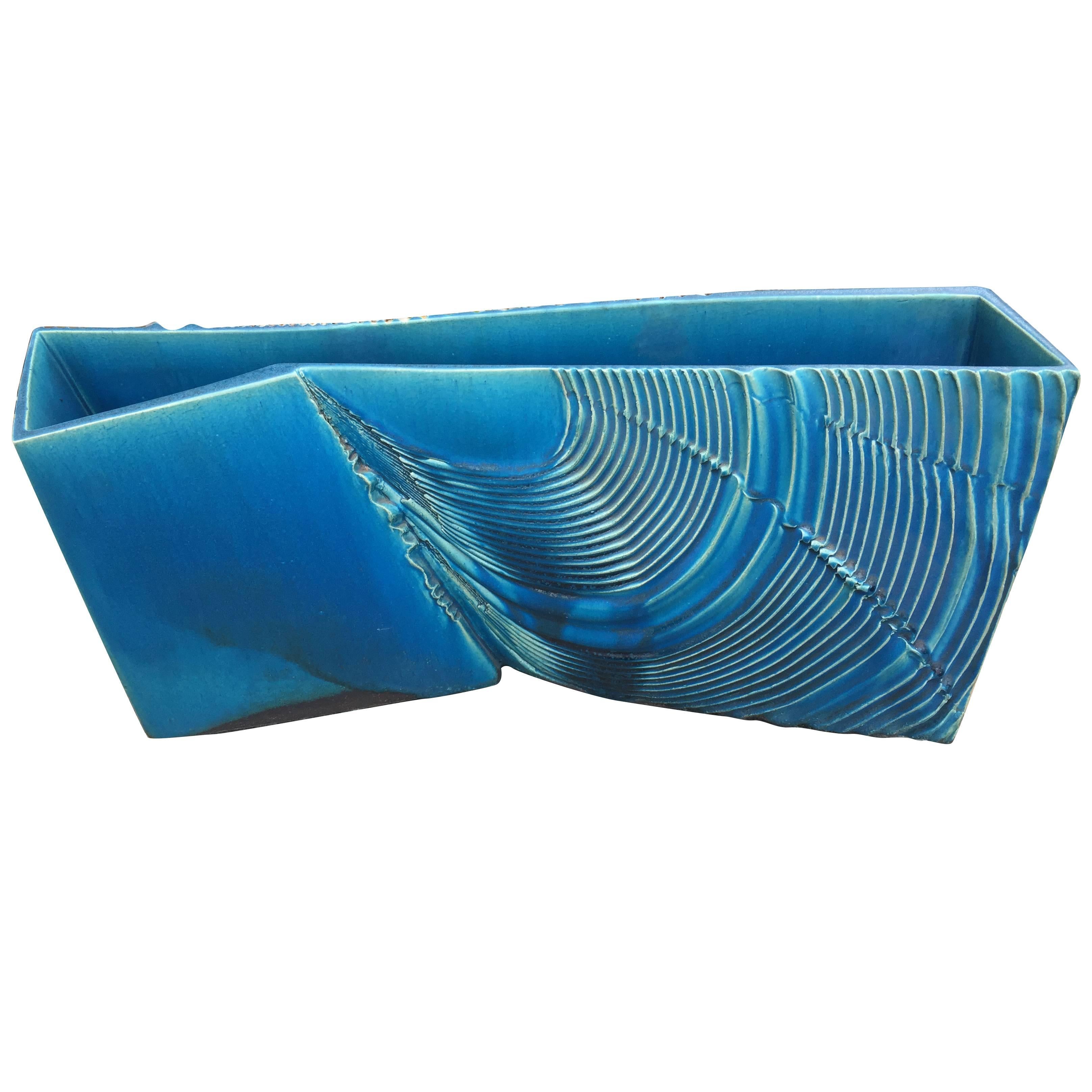 Japanese Artisan BNig Blue Ceramic "Waves" Planter 24"  Mint, Signed, & Boxed