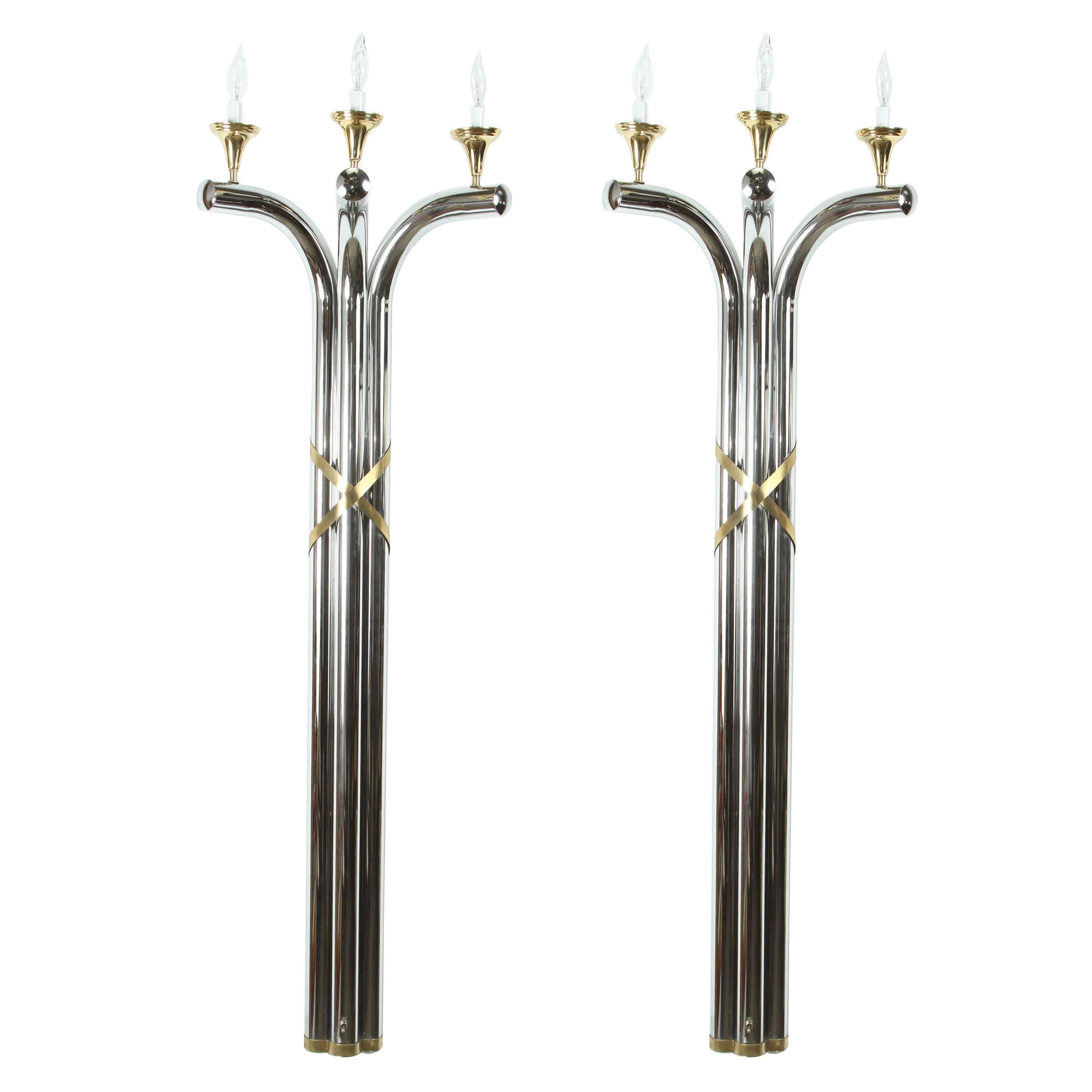 Large oversized five feet fabulous pair of modernist tubular chrome and gold accent wall-mounted sconces Maison Jansen, Italy, Art Deco inspired.
Handcrafted two tones, polished chrome and brass accents, each with three lights.
The shade could be