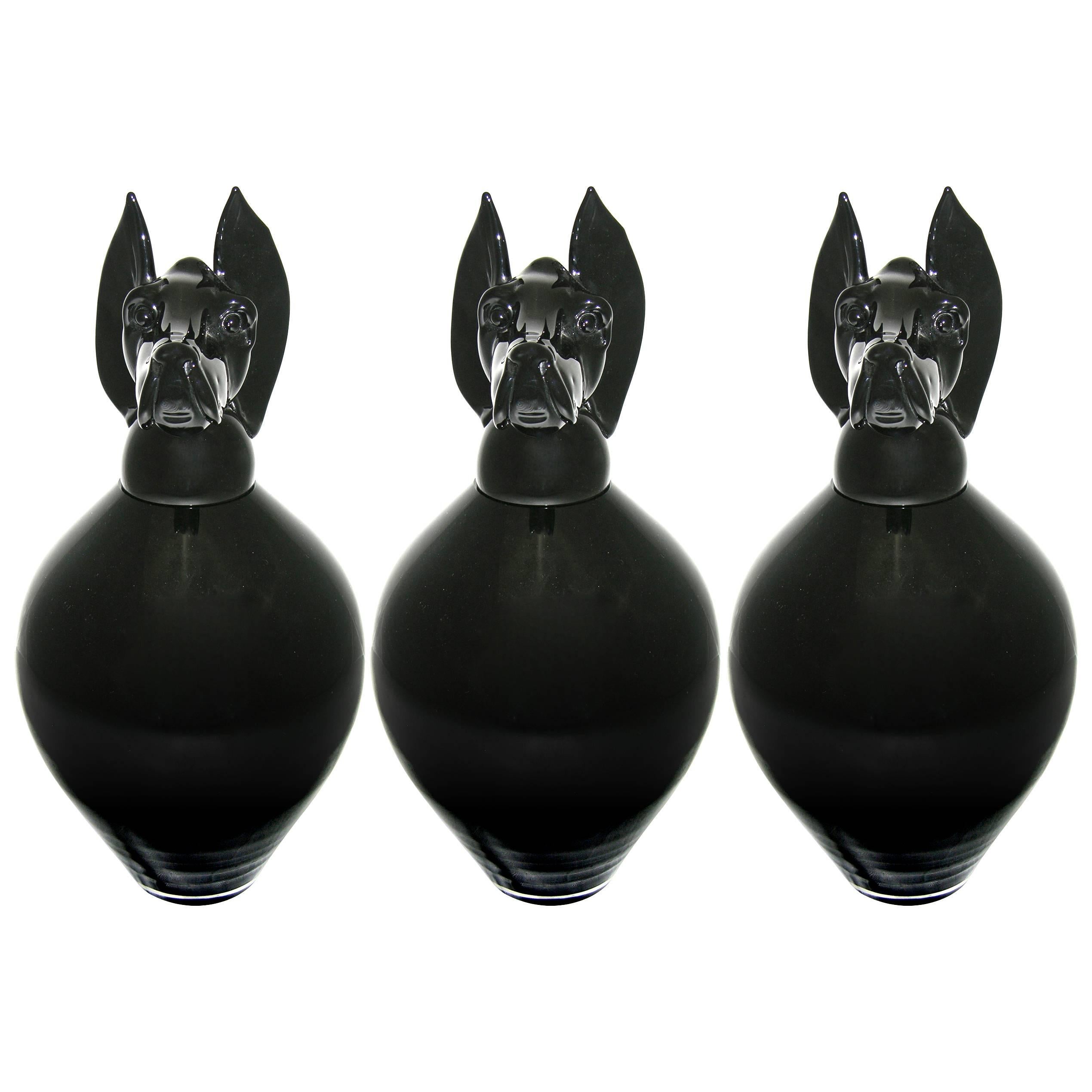 Formia 2001 Italian Black Murano Glass Bottle with Dog Head Stopper For Sale 2