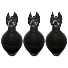 Formia 1990 Italian Set of 3 Black Murano Glass Bottles with Dog Head Stopper 9