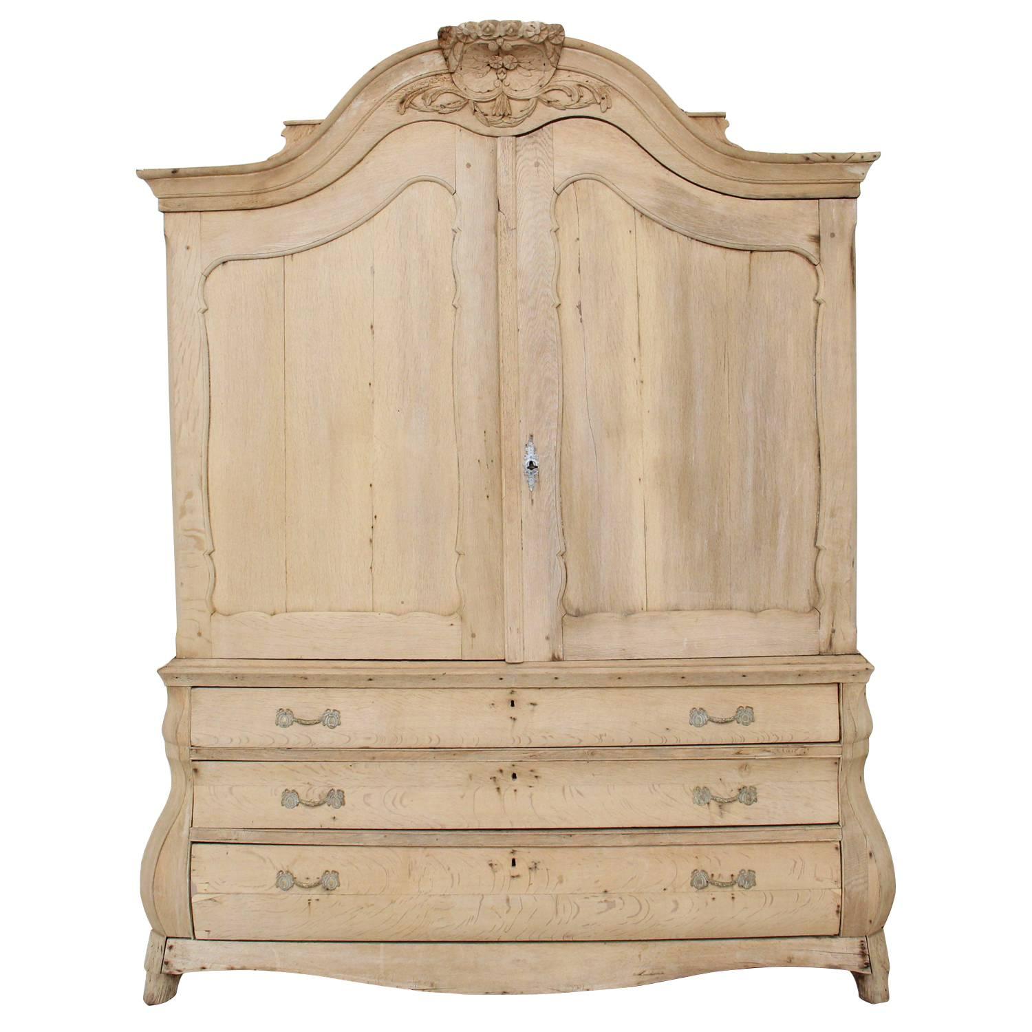 Dutch Louis XV Style Linen Press Cabinet in Bleached Oak, 19th Century Antique