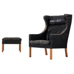 Børge Mogensen Wingback Chair and Ottoman in Black Leather