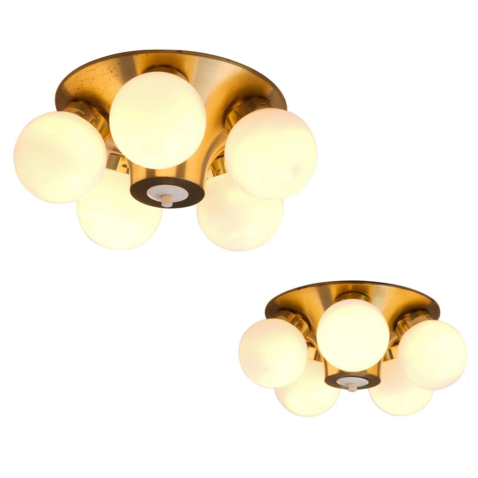Pair of Brass and Opaline Glass Ceiling Lights