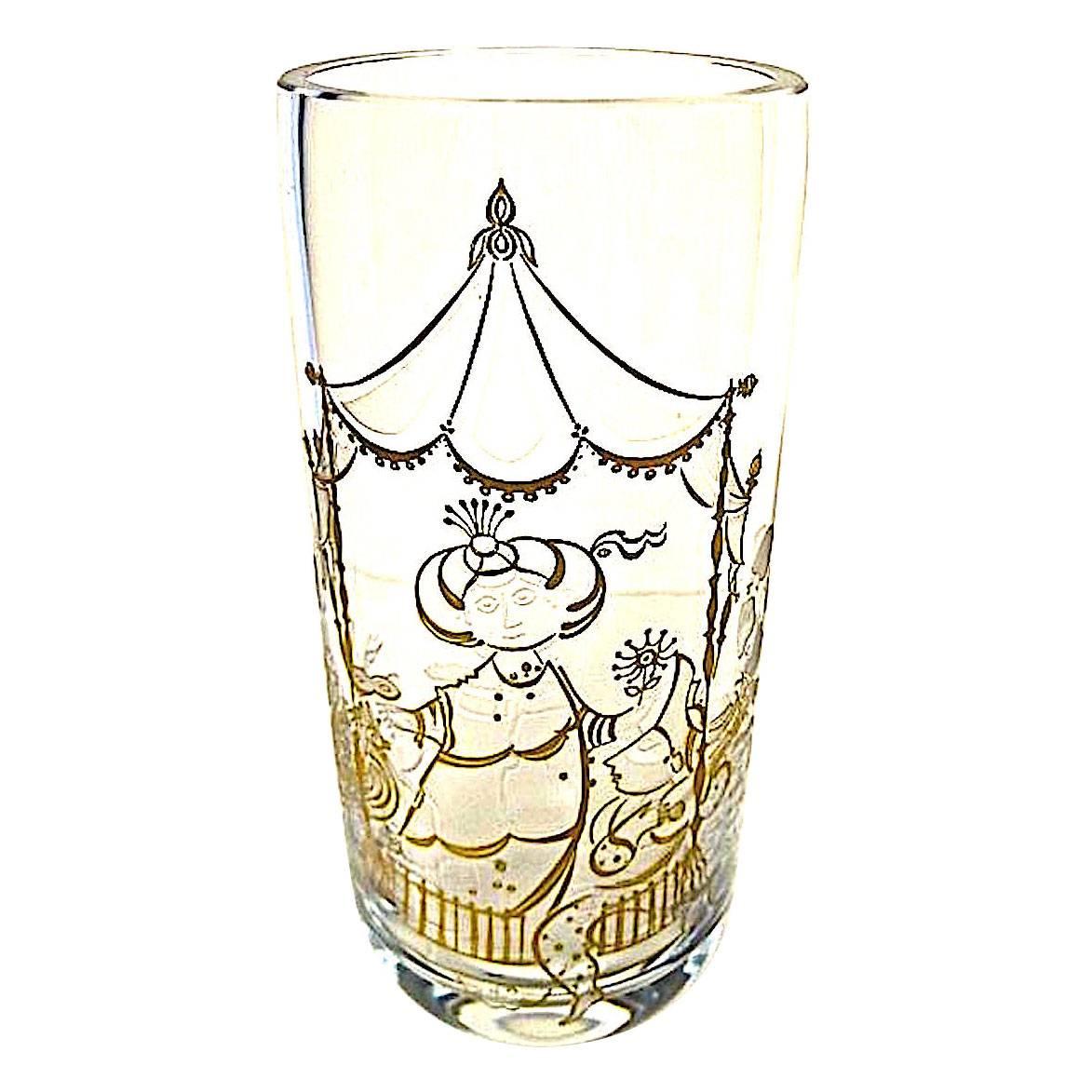 Charming, humorous, detailed and of substantial quality and weight, this is Wiinblad at his best. This is a brilliant addition to a glass collection.
Mid-Century gold etched and enchanting engraved design in thick heavy clear crystal art glass vase