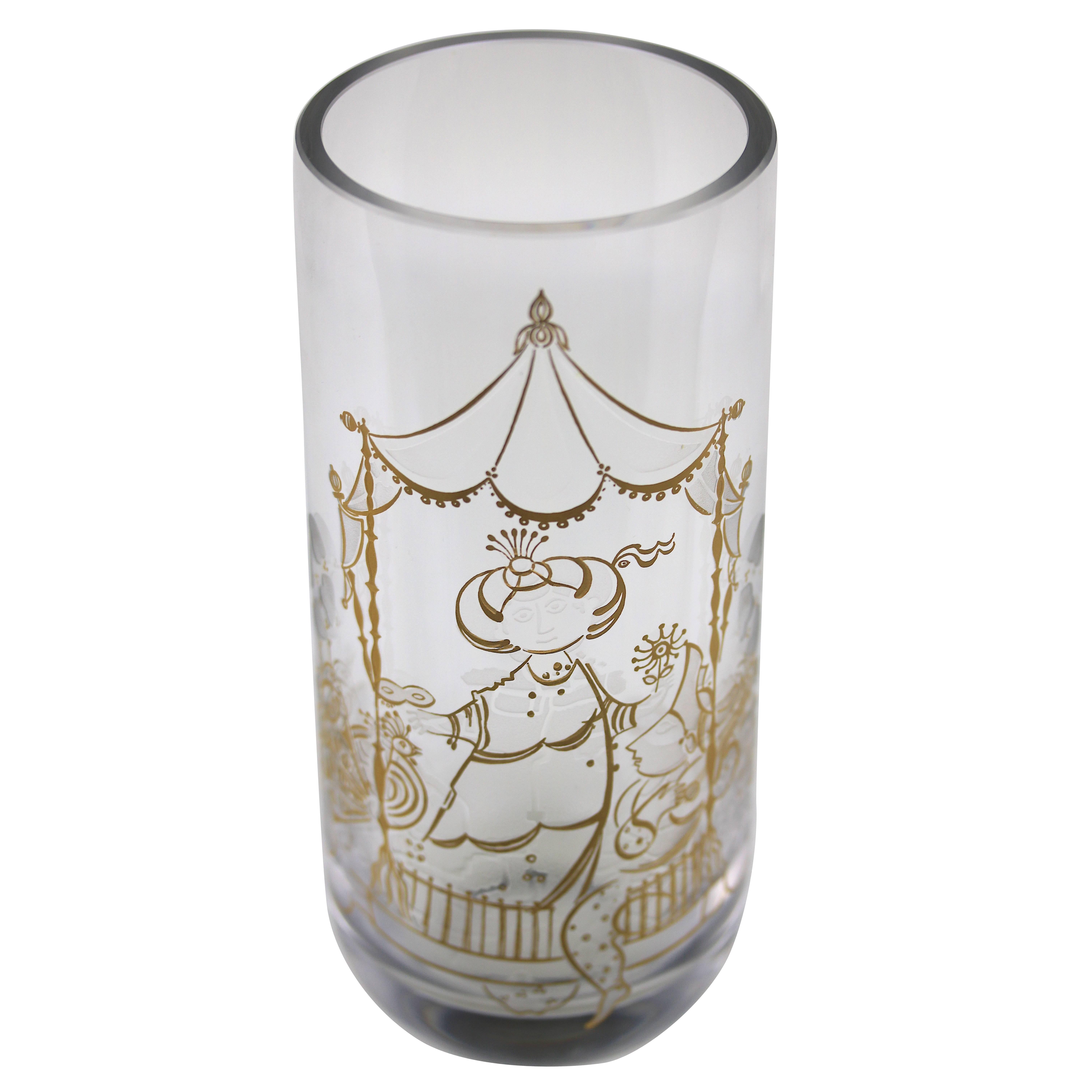 Bjorn Wiinblad Crystal Vase 22K etched Gold Charming Design- signed For Sale