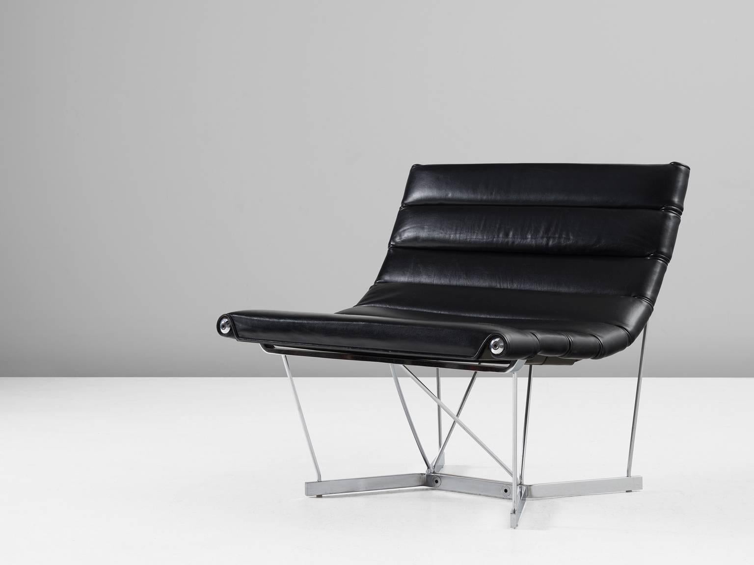 Lounge chair model 6380 or Catenary chair, in steel and leather, by George Nelson & Associates for Herman Miller, United States, 1962.
 
Model 6380 or the Catenary chair is a 1962 design from George Nelson & Associates. The special chromed