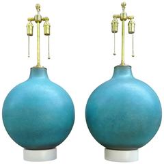 Vintage Monumental Pair of 1970s Aqua Blue Art Pottery Table Lamps