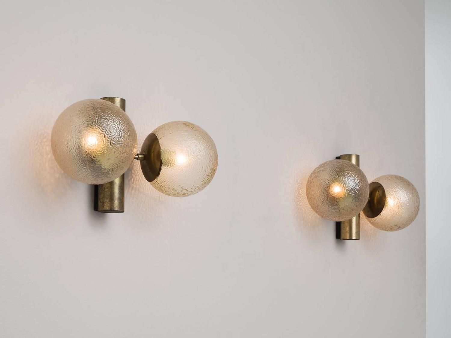 Set of 4 Brass Colored Wall Lights with Structured Glass For Sale at 1stdibs