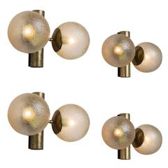 Set of 4 Brass Colored Wall Lights with Structured Glass