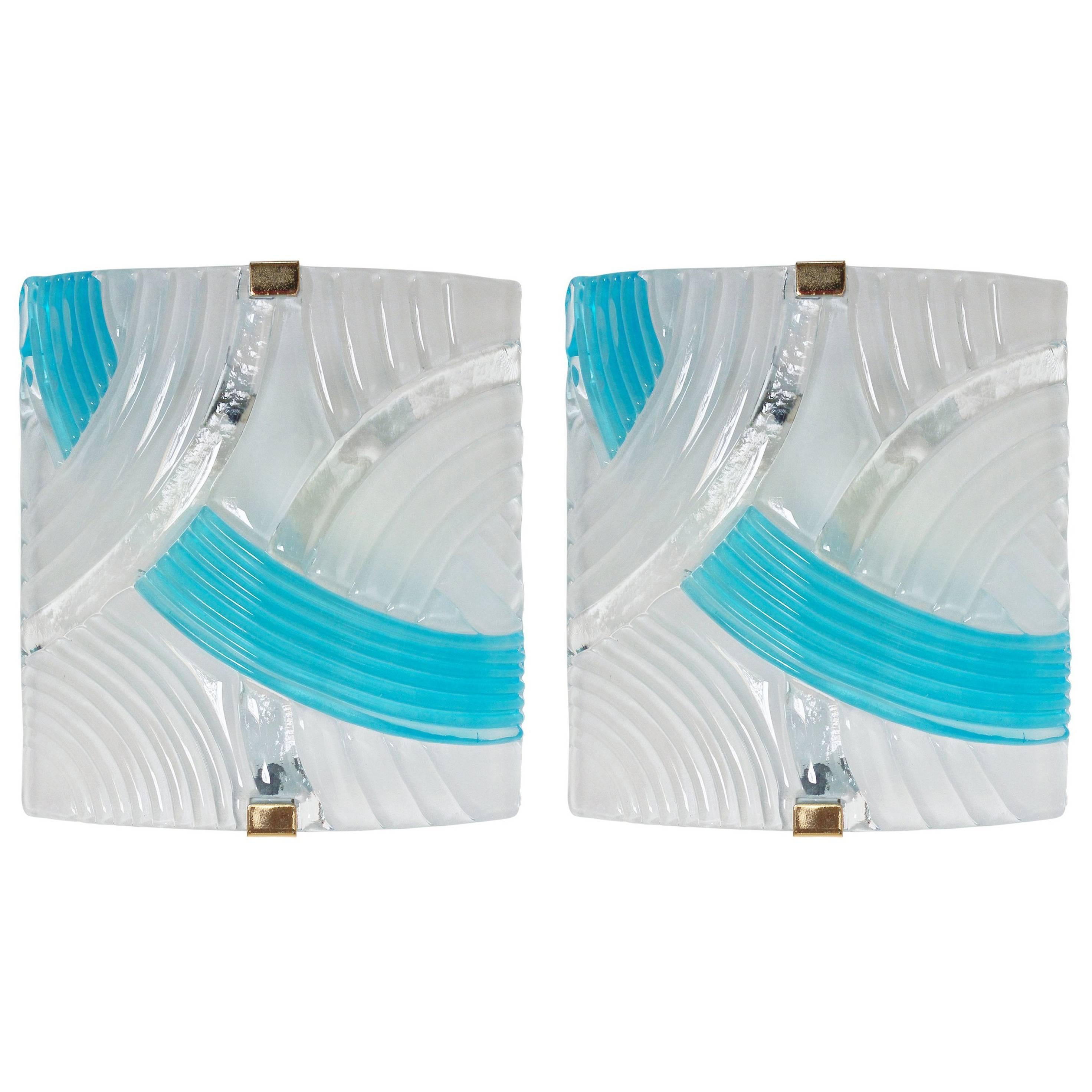 Pair of Murano Frosted and Aquamarine Glass Sconces or Flush Mounts