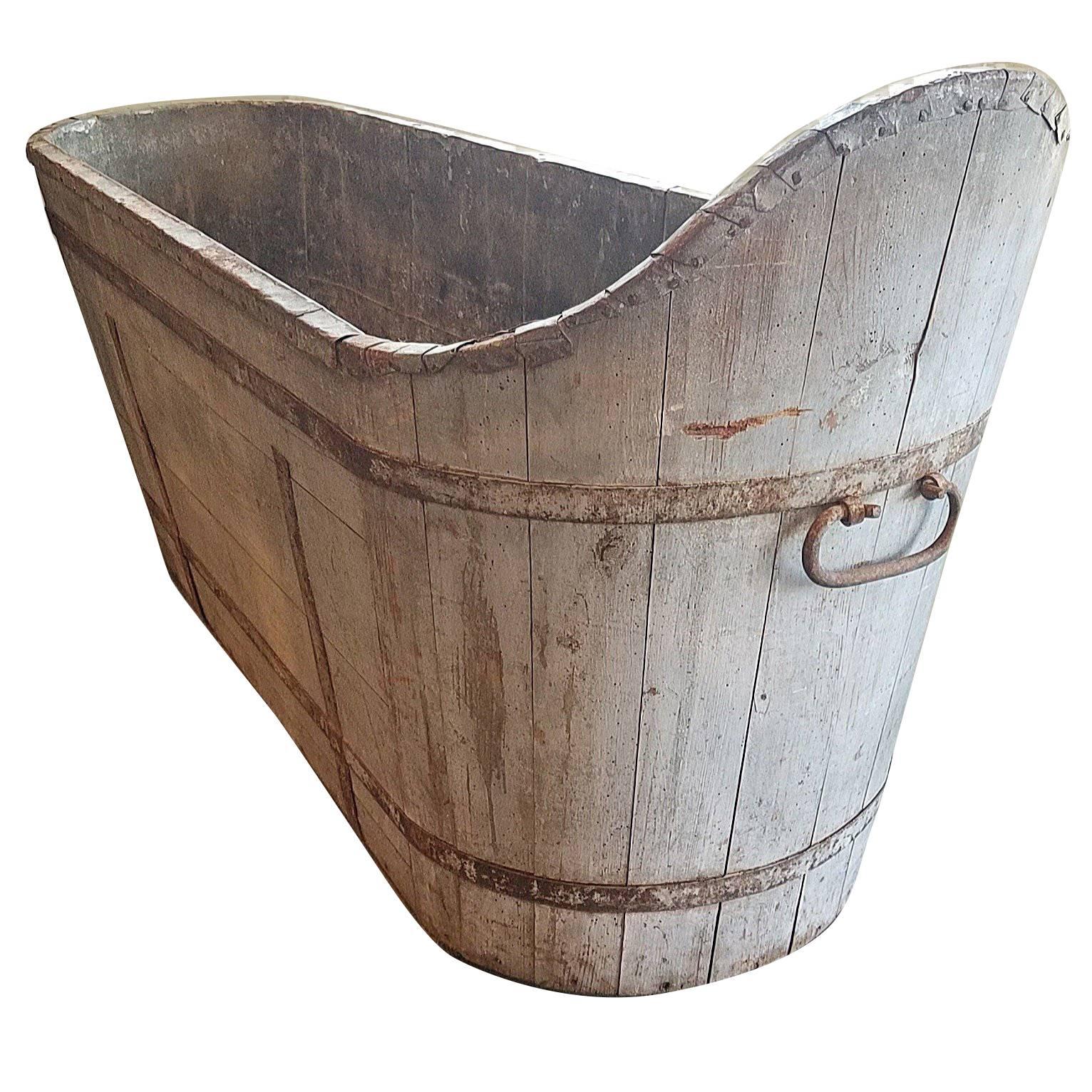 Antique French Wood Plank Tub with Metal Strap as Planter