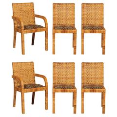 Superb Set of Six Rattan Wrapped Dining Chairs in the Style of Billy Baldwin
