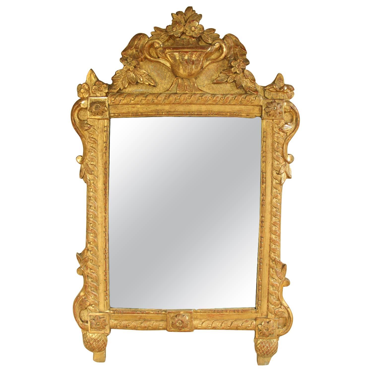 French Louis XVI Richly Carved Gilt Mirror for Vanity or Wall, 18th Century