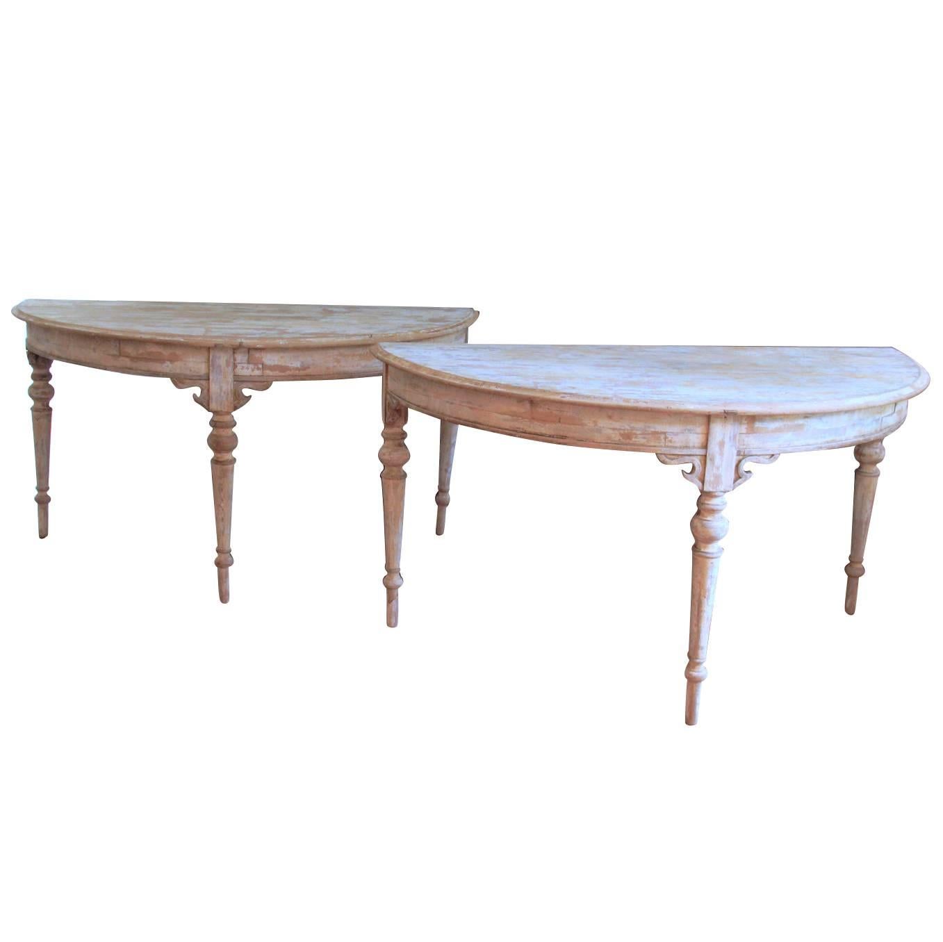 French Pair of Large Demilune Console Tables in Original Paint, 19th Century
